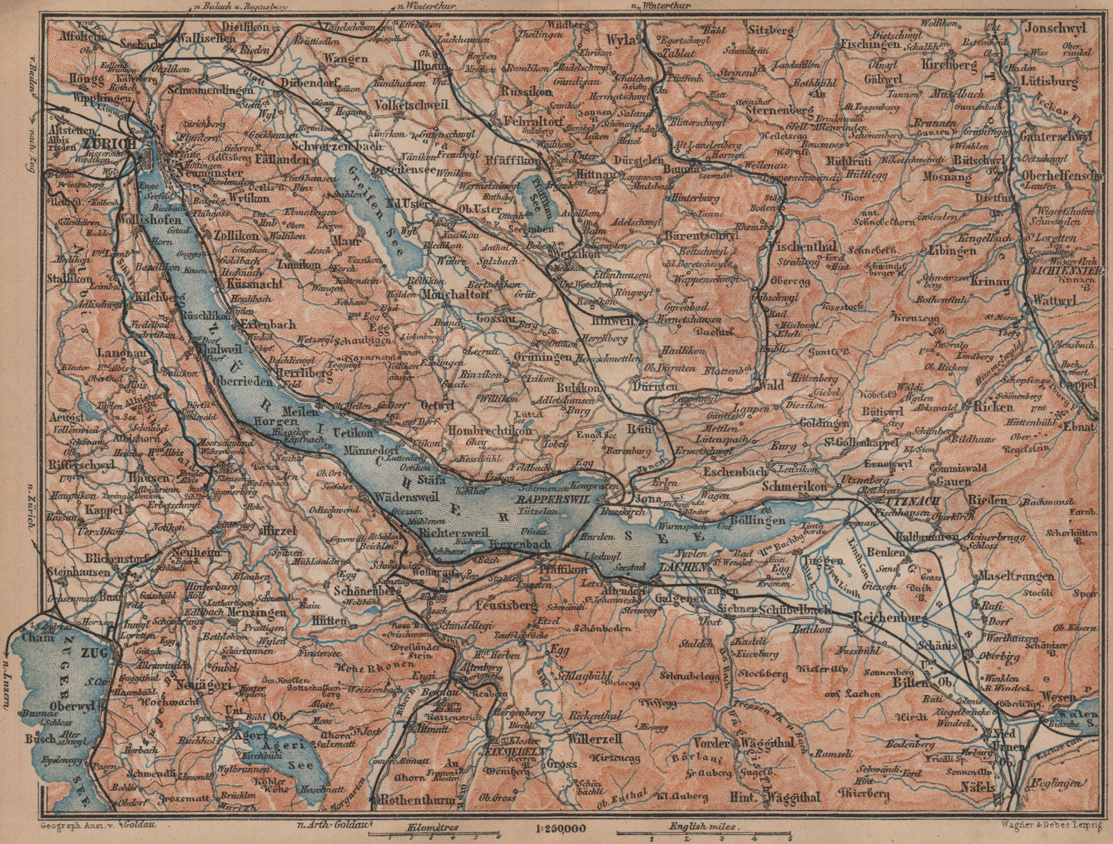 LAKE ZÜRICH. Zuricher See Lachen Utznach.Topo-map. Switzerland Schweiz 1899